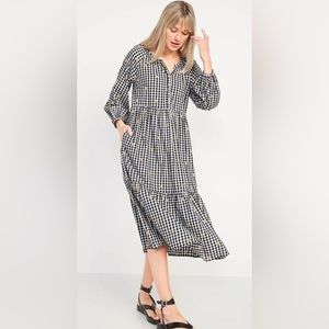 NWT OLD NAVY GINGAM EMBROIDERED FLORAL FLOWY MIDI DRESS